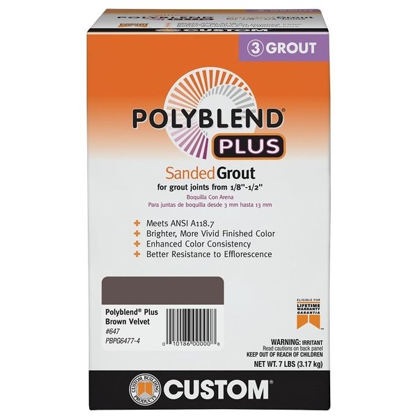 Custom Building Products Polyblend Plus Sanded Grout, Solid Powder, Characteristic, Brown Velvet, 7 lb Box PBPG6477-4